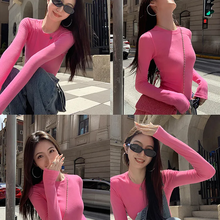美式辣妹正肩长袖t恤女秋季内搭修身显瘦打底衫设计感圆领上衣N