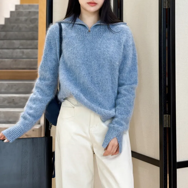 euri苹果奶绿丨100山羊绒成衣拉毛STOLL机织半拉链羊绒衫-MY6549