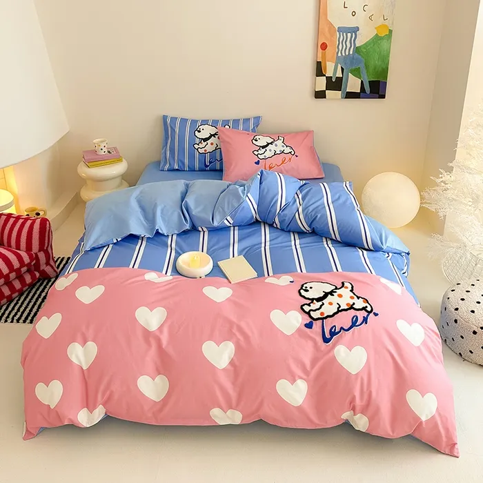 儿童印花被套全棉卡通四件套纯棉印花+毛巾绣小清新单人学生女孩