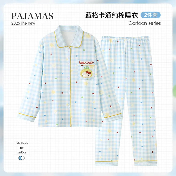 卡通可爱蓝色网红款格子睡衣女春秋纯棉长袖全棉新款高颜值家居服