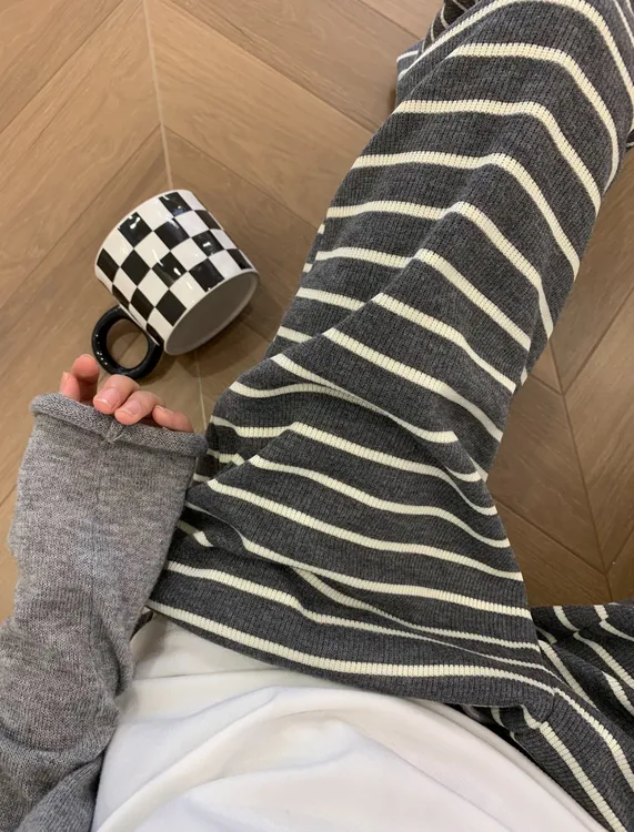 韩系条纹直筒休闲裤女秋季大码胖mm宽松显瘦慵懒垂感拖地阔腿裤子