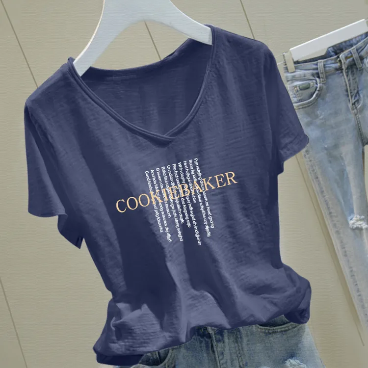 卷边V领宽松竹节棉短袖t恤女士夏季柔软印花洋气时尚气质显瘦女装