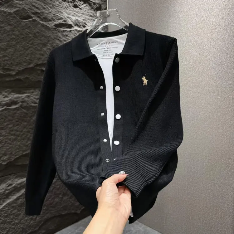 男士休闲纯色简约大气针织翻领毛衣外套长袖黑色修身