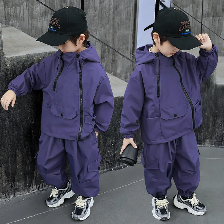 男童斜拉链开衫套装2025春秋季新款帅气纯色冲锋衣中小童外贸