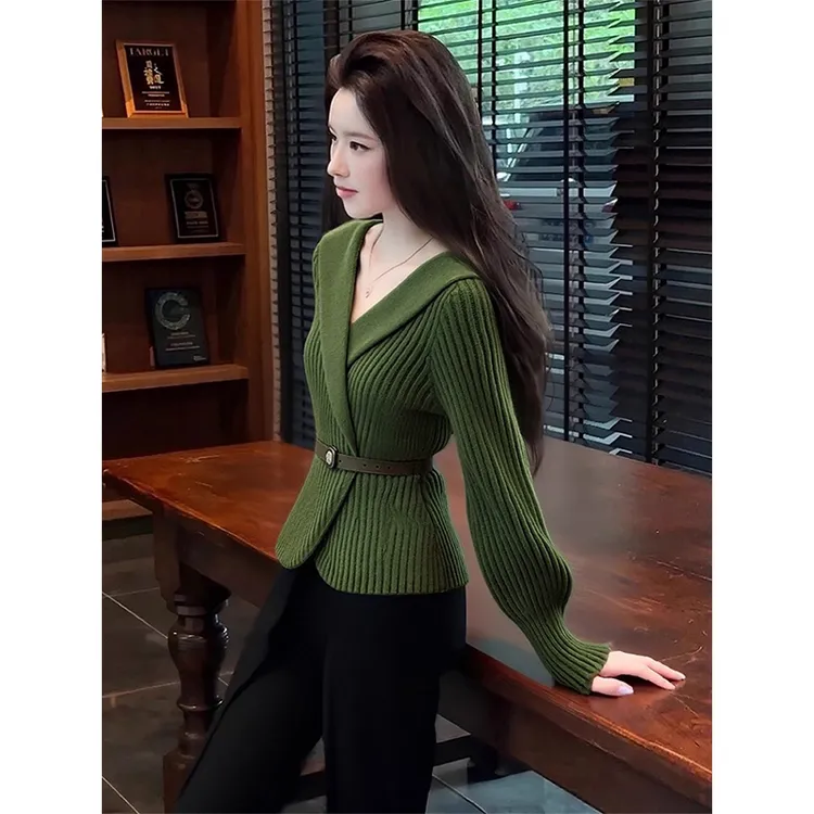 慵懒风温柔别致收腰腰带V领针织开衫女小众复古高级感洋气毛衣秋