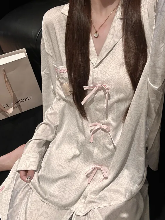 韩系可爱凯蒂猫蝴蝶结睡衣女夏季新款大码亲肤长袖长裤家居服套装