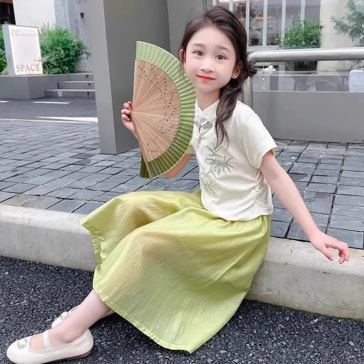 童泰【断码清仓】女童夏季套装2025新款儿童中式国风超仙清新盘扣短