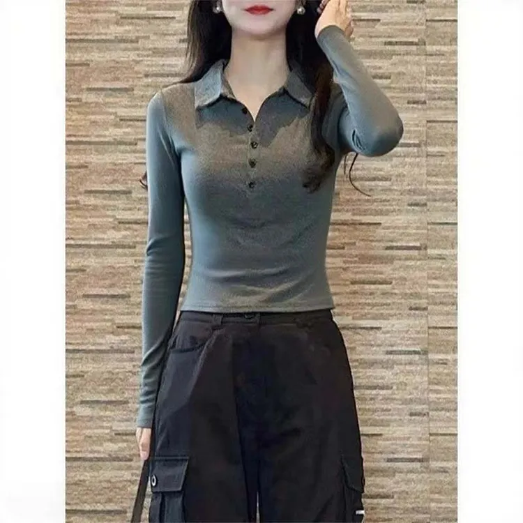 春秋正肩polo领爱心纽扣设计感长袖T恤女修身显瘦气质灰色上衣服