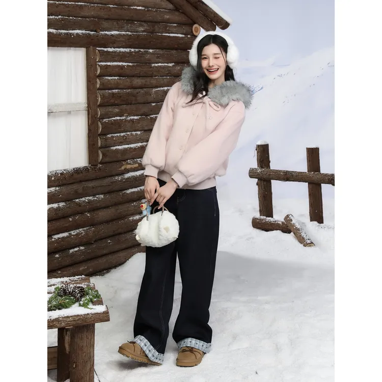 蝴蝶结绑带粉色气质大毛领外套女秋冬季连帽毛呢上衣8653欧