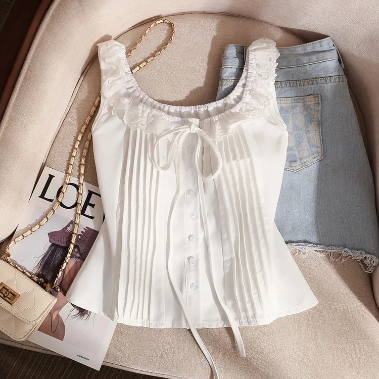 设计感小众蕾丝花边小飞袖衬衫女外穿无袖白色小吊带背心上衣夏季