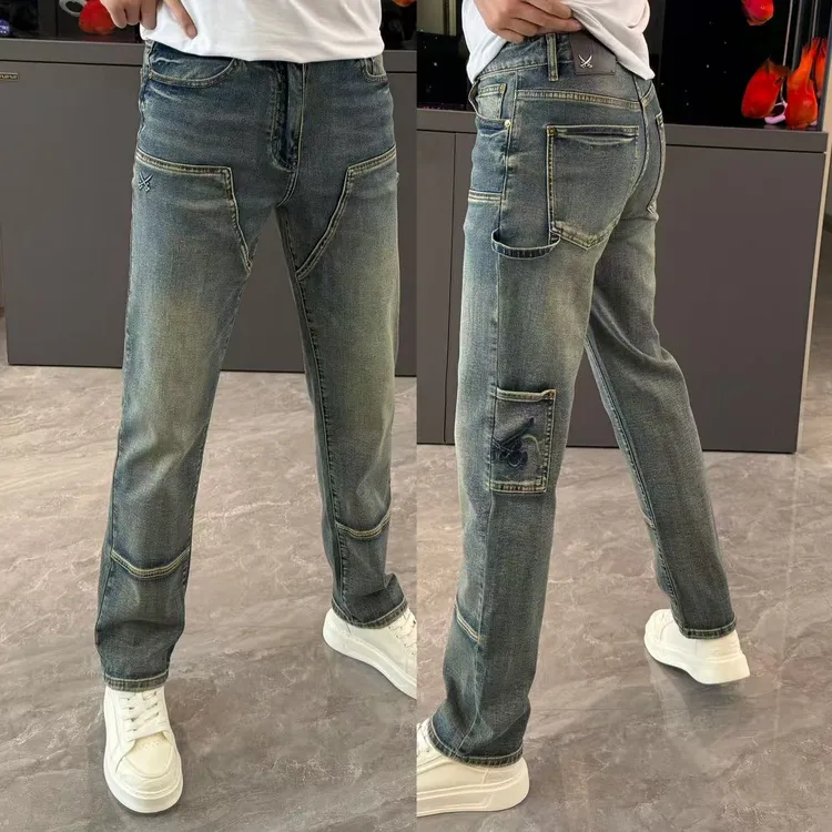 男士牛仔裤2025春夏新款男裤条纹拼接时尚直筒裤宽松显瘦长裤百搭