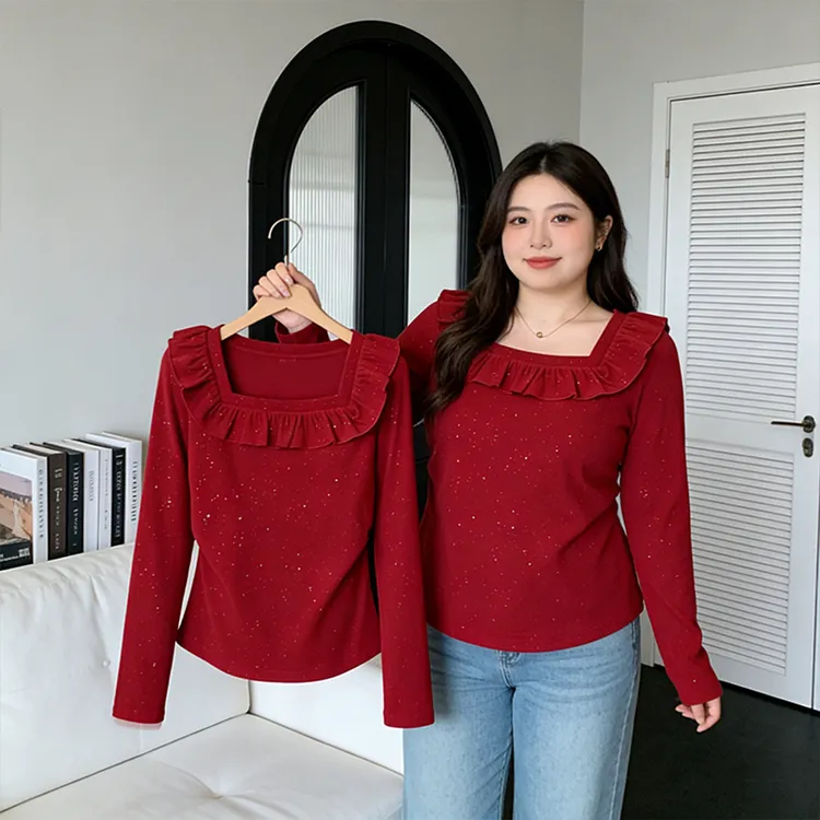 大码荷叶边细闪方领长袖t恤女秋冬胖mm显瘦设计感内搭打底衫上衣