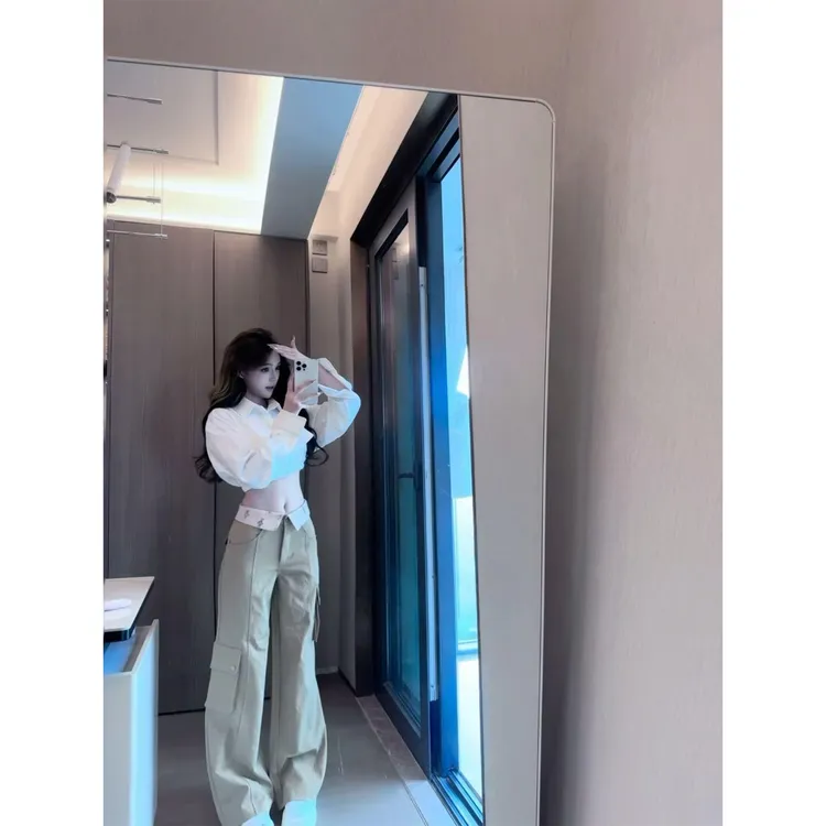 秋季辣妹穿搭长袖一字肩短款衬衫上衣设计感直筒宽松阔腿裤套装女