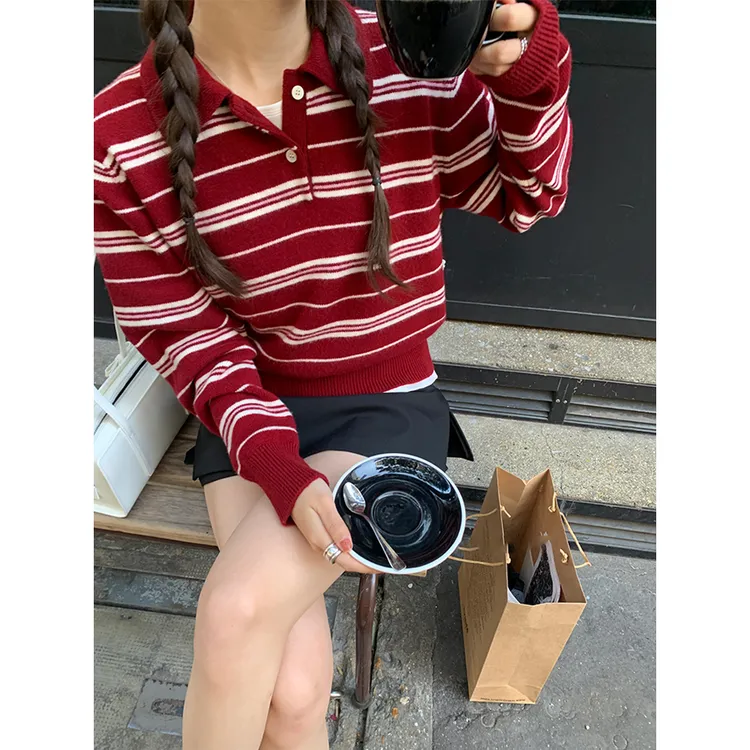 韩版早秋chic时髦polo领针织衫女秋冬设计感长袖毛衣收腰显瘦上衣
