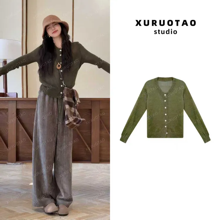 XURUOTAO【氧气森林】羊毛针织设计感显瘦百搭绿色上衣 T5624