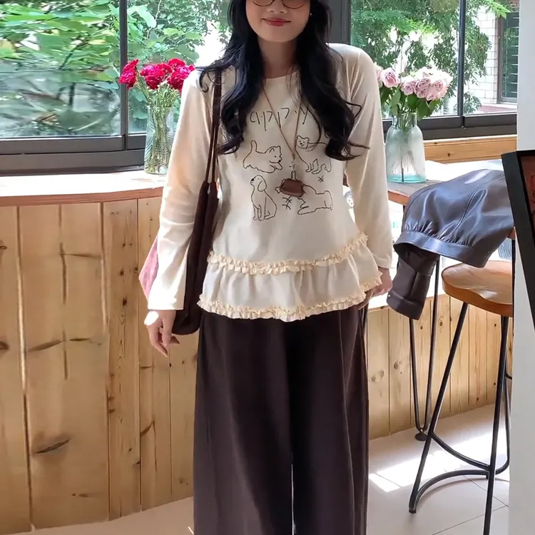 大码韩系印花长袖t恤2025秋季设计感体恤胖MM显瘦宽松上衣70829