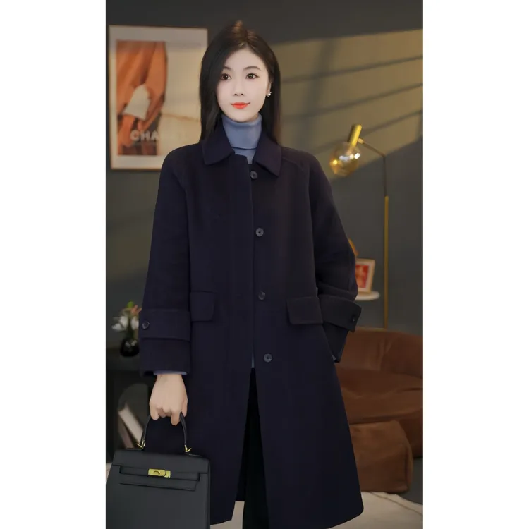 【小北甄选】8584060深墨蓝双面羊毛大衣高端时尚百搭外套羊绒外套