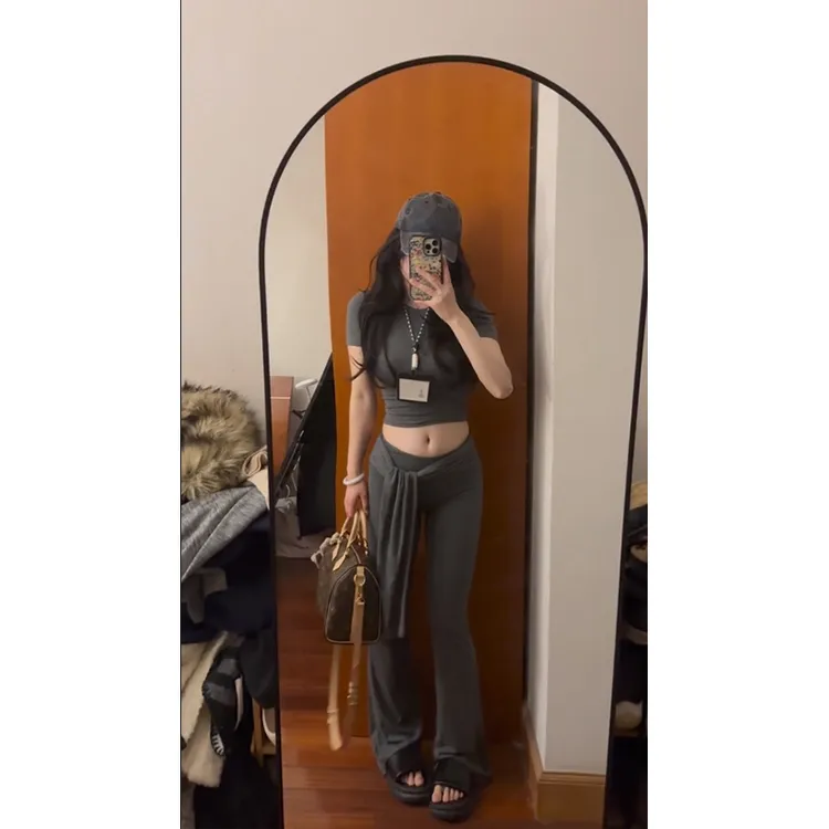 2025春季新款时尚简约辣妹修身显瘦短款上衣慵懒风高腰休闲长裤女