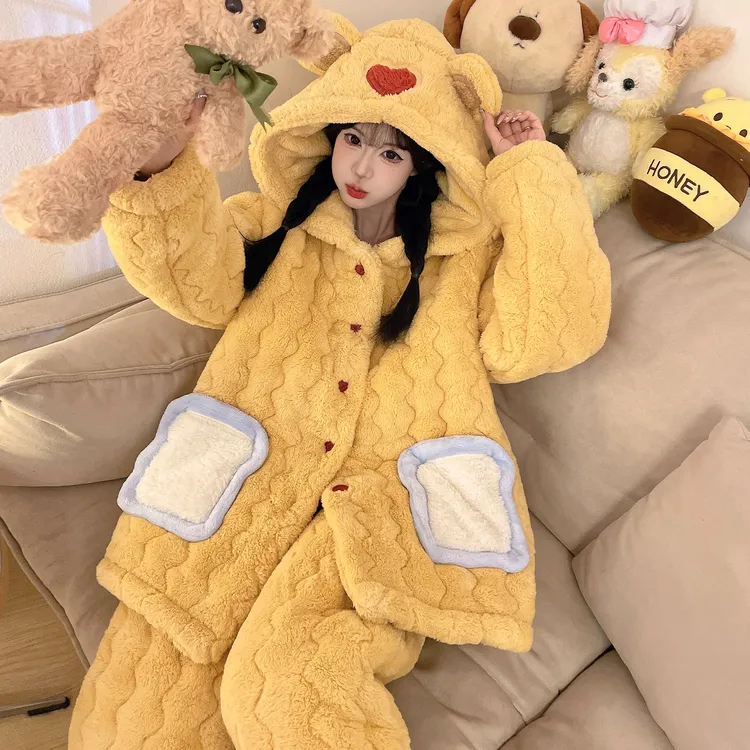 冬法兰绒睡衣女款爆款2025新款加厚加绒珊瑚绒三层夹棉家居服套装