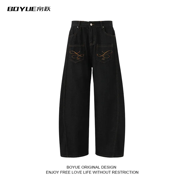 BOYUE帛跃反面刺绣牛仔裤男美式阔腿弯刀裤高街小众设计显瘦长裤