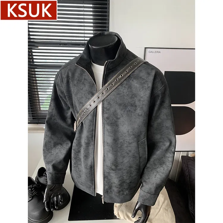 KSUK美式扎染皮衣外套男士秋季复古潮流高街痞帅立领机车pu皮夹克