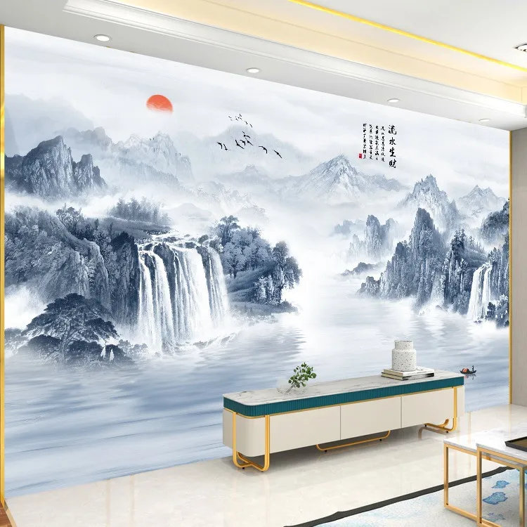 自粘墙贴画新中式山水画客厅沙发电视背景装饰画风景壁画贴纸