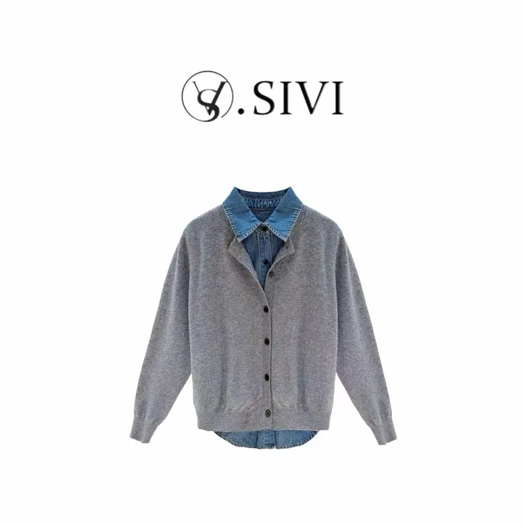 熙薇【型格碰撞】2025冬季新款设计师毛衣拼接牛仔假两件上衣L5589