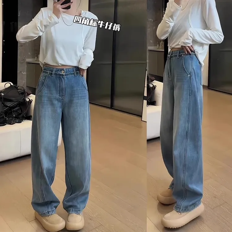 2025秋冬新款大码女装弯刀牛仔裤女梨形身材显瘦设计感加绒牛仔裤