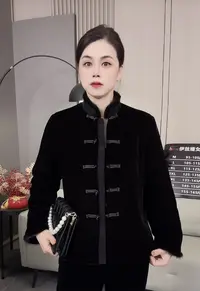 新中式国风丝绒水貂毛立领加棉保暖棉服外套