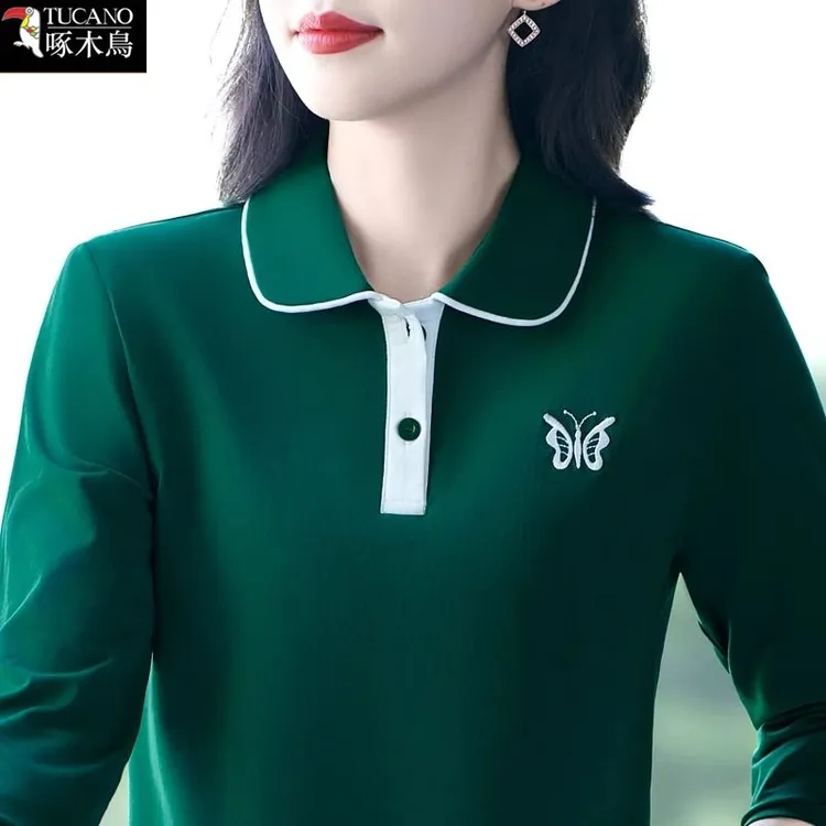 啄木鸟纽扣长袖POLO衫2025年新款女士减龄春秋翻领刺绣上衣T恤女