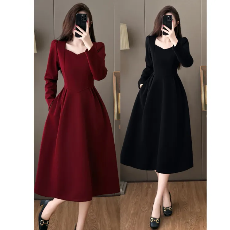 大码新款宴会气质礼服裙子轻奢高级感小黑裙赫本风长袖连衣裙9298