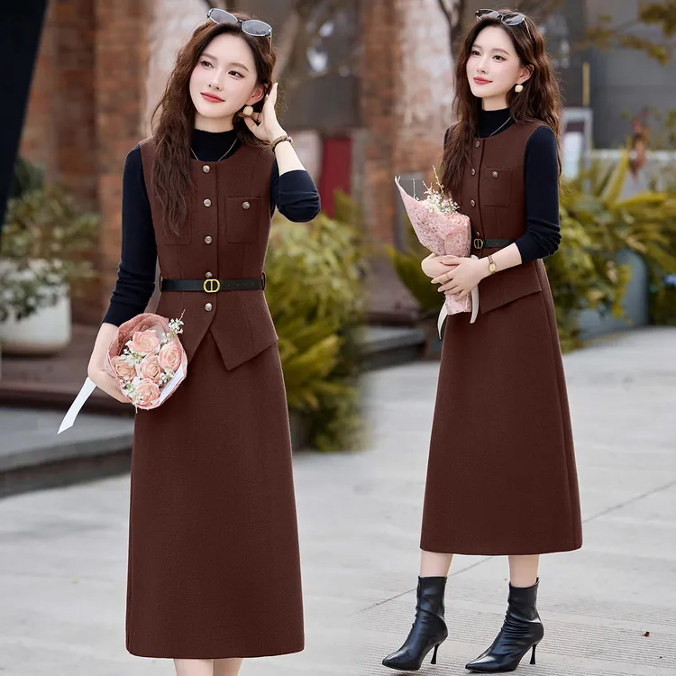 秋季高级感毛呢背心套装连衣裙女气质名媛显瘦内搭打底裙子两件套