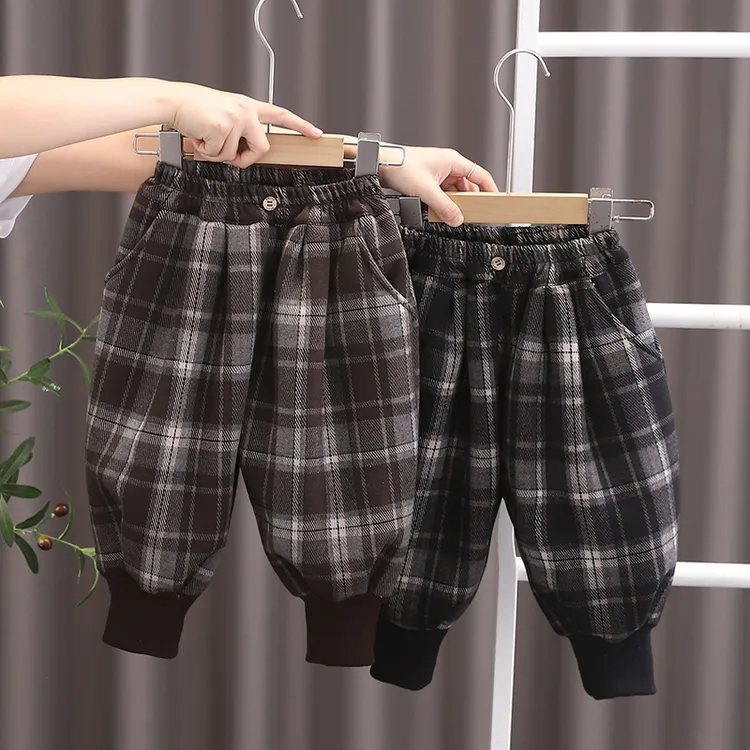 加绒裤子2024新款格子女童宝宝冬装加厚棉裤男童冬季保暖童裤
