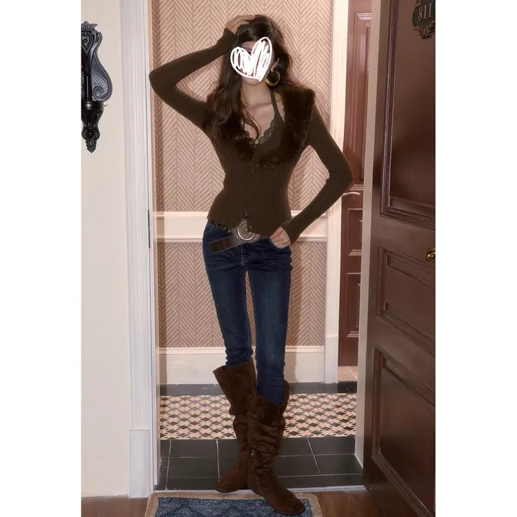 【英伦贵女】高智感修身显瘦法式毛领打底长袖上衣背心两件套女