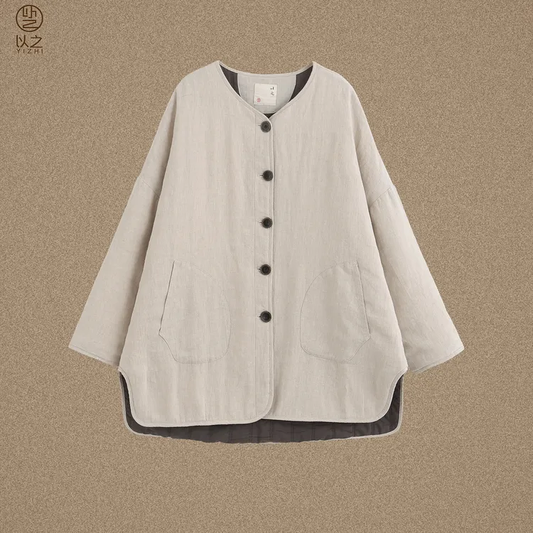 【以之】设计师原创圆领排扣冬季不规则绗棉亚麻复古设计款棉衣