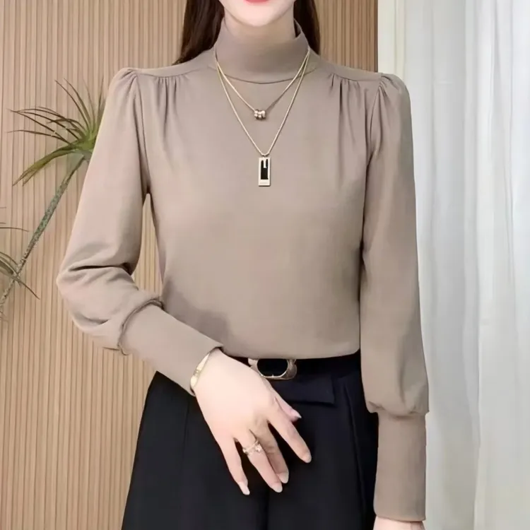 秋冬新品百搭半高领双面一体绒纯色女士洋气泡泡袖显瘦保暖打底衫