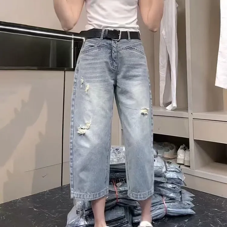大码欧货破洞牛仔裤子女春夏2025新款宽松显瘦直筒阔腿九分奶奶裤