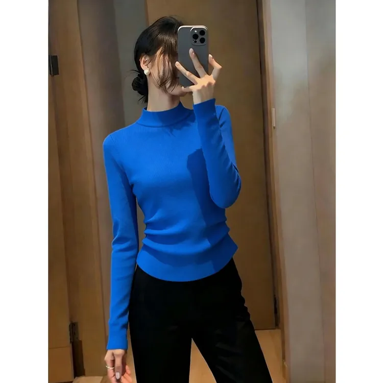 克莱因蓝色长袖针织衫女秋冬新款气质掐腰设计感修身显瘦百搭上衣
