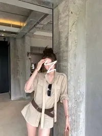 【米妮】“沙漠玫瑰”卡其色姐感系带长袖衬衣配图片腰带和飘带