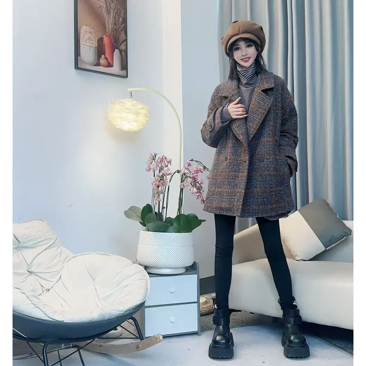 【沐木流浪记】（惠然）秋冬宽松格子中长款加厚西服女装外套z