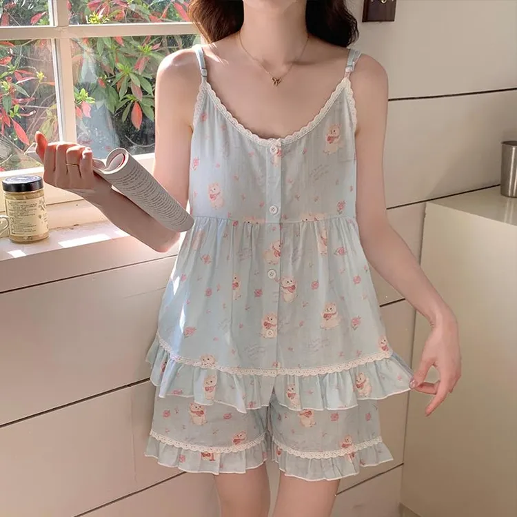 GPSUNLU纯棉开衫睡衣女款夏天甜美清新蕾丝花边吊带短裤家居服