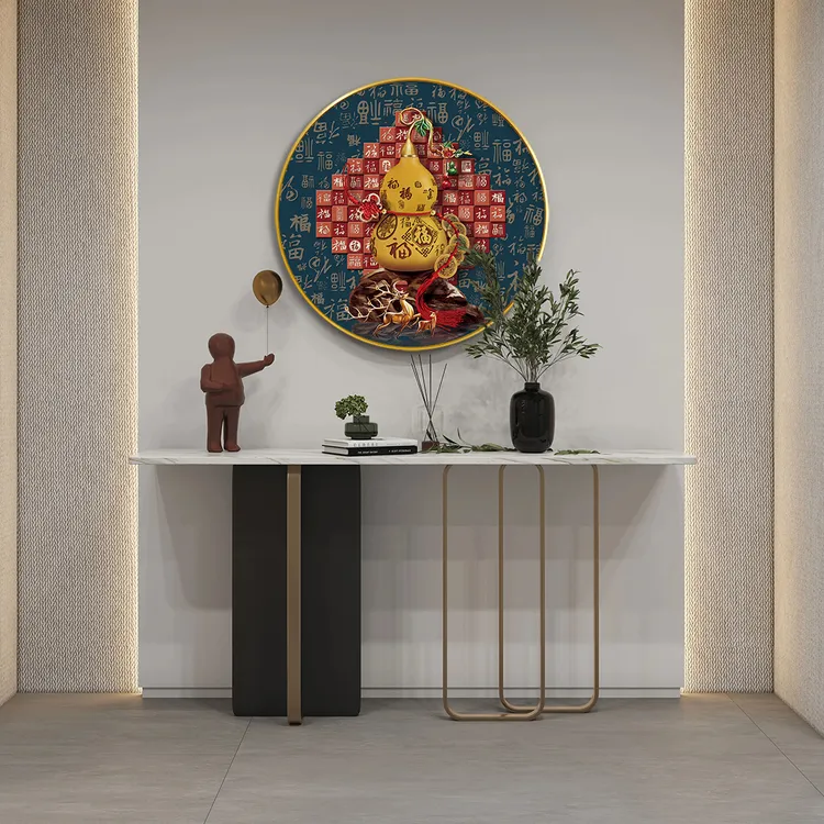 【高质】葫芦福圆形装饰画福禄有余吉祥如意圆形茶室走廊玄关挂画