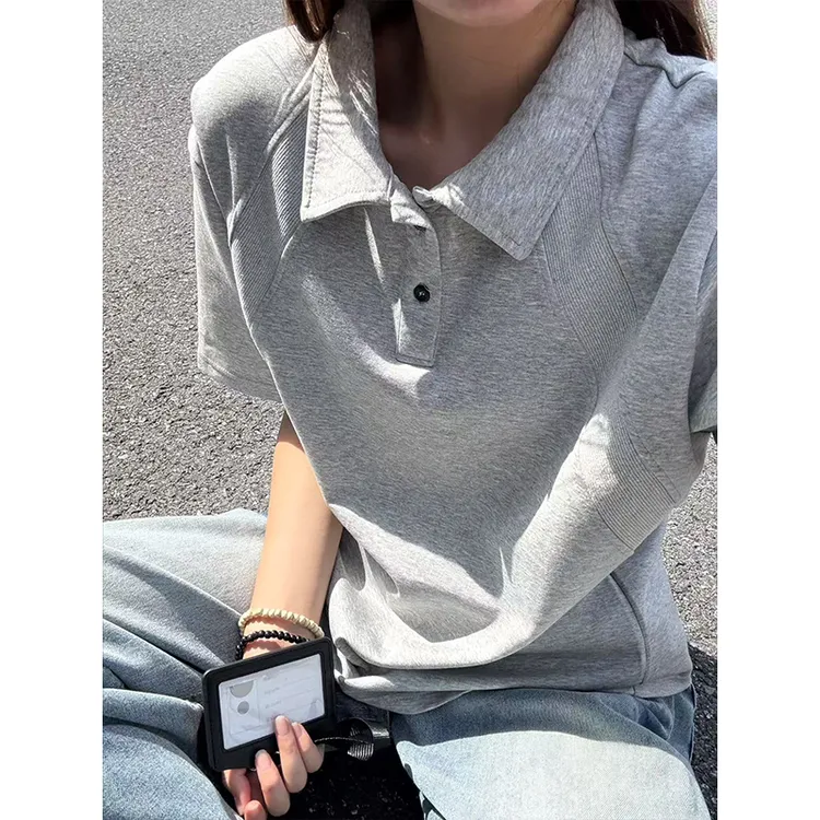 简约美式polo衫空气棉宽松短袖T恤男夏季百搭解构翻领五分袖T恤