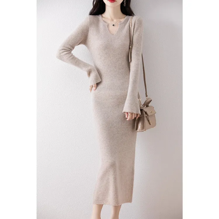 高腰气质显瘦连衣裙设计感羊毛女针织长款长裙毛衣过膝长袖毛衣裙
