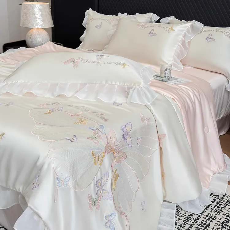 冰丝轻奢夏凉被四件套刺绣款丝滑凉感花边空调被公主风绣花夏被