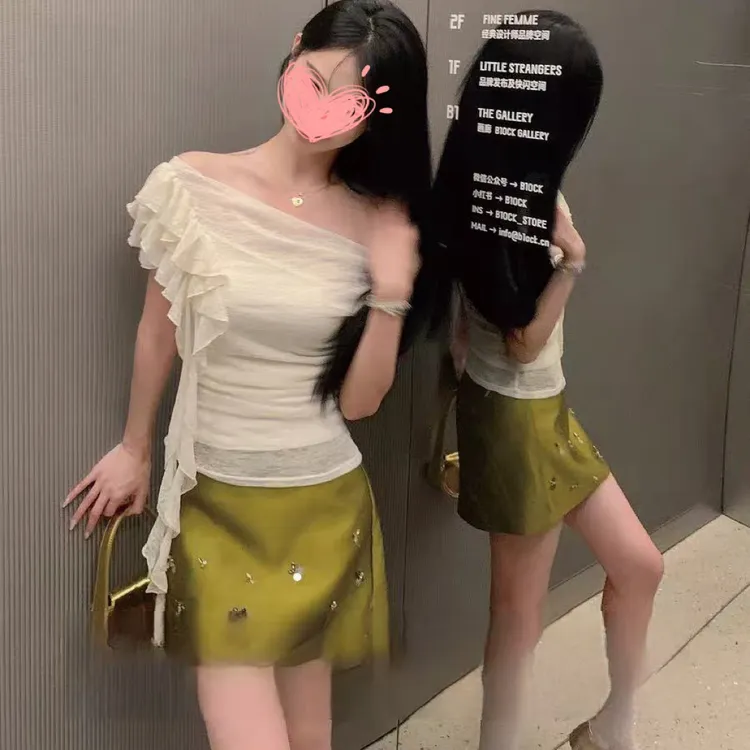 【秋阳专属】粉莓杏茶荡领飘带花朵斜肩一字肩短袖T恤女夏收腰褶皱