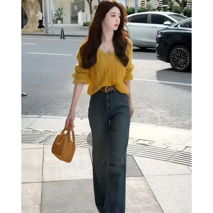 韩系一整套ootd穿搭慵懒松弛感黄色v领毛衣牛仔裤两件套装女早秋