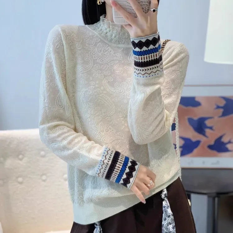 【蕾丝提花 】48支精纺羊毛针织打底衫民族风袖口高级感拼接上衣096