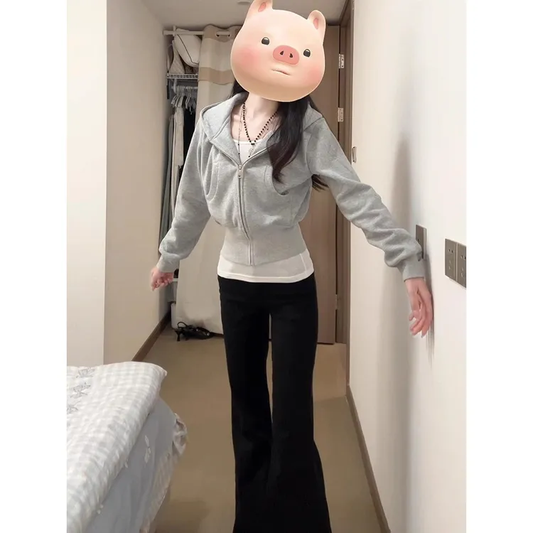 灰色短款连帽卫衣外套女秋冬2025新款春小个子加绒宽松双拉链显瘦