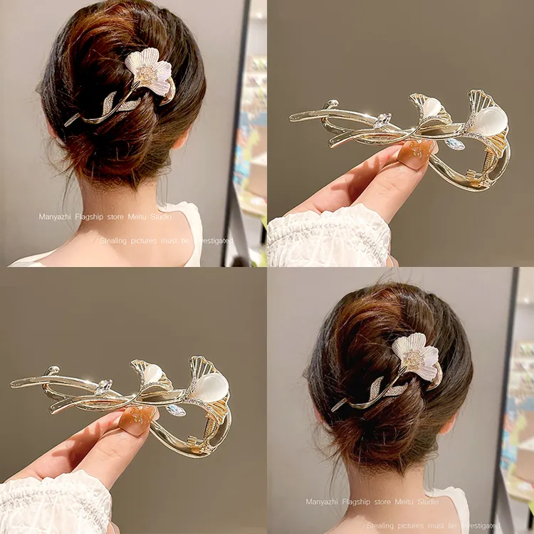 银杏叶扭扭夹高级感气质水钻女后脑勺盘发一字夹青蛙扣发夹发卡